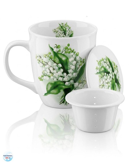 Porzellan-Tasse mit Deckel und Sieb (Maiglöckchen), 0,4 l