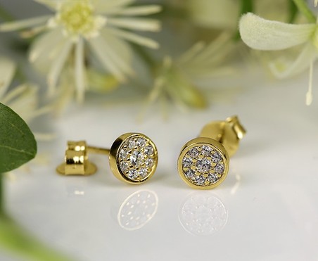 Серьги  пуссеты с фианитами позолоченные желтое золото