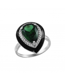 Кольцо с зеленым ситаллом, фианитами и эмалью